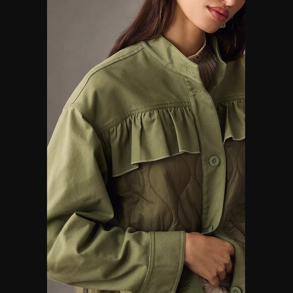 NWT Anthropologie Green Quilted Ruffled Shacket - Small - Picture 4 of 6